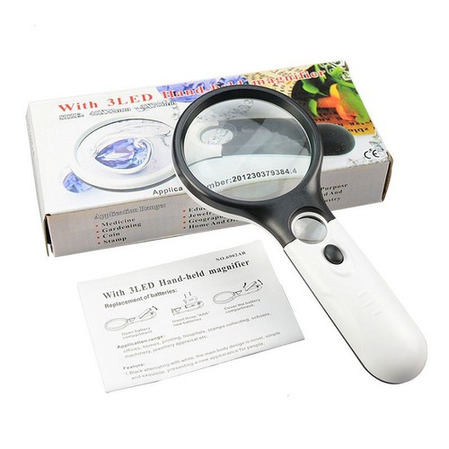 Kính lúp cầm tay 2 ống kính quang học với 3 đèn led chiếu sáng - kính lúp 6902a-b có đèn led