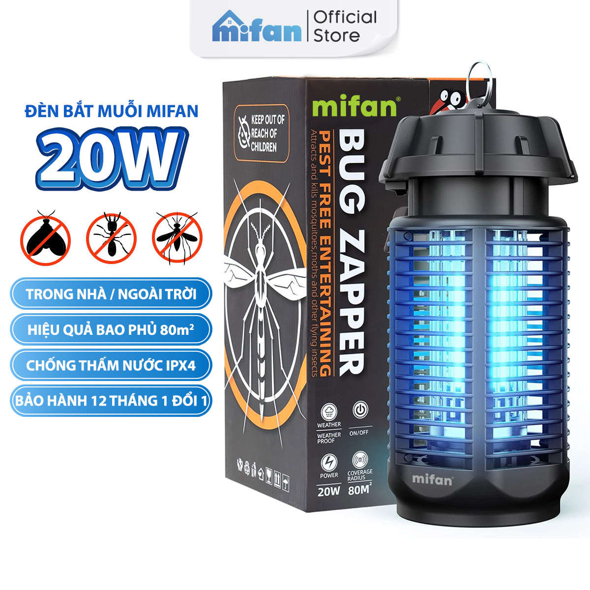 Đèn Bắt Muỗi Cao Cấp MIFAN -  Bóng Led 20W, Ánh Sáng Tím 365 Nano Wave Thu Hút Côn Trùng - BH 12 Tháng