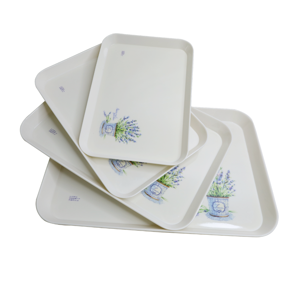 Combo 4 mâm nhựa chữ nhật Melamine, góc vuông họa tiết Lavender 2600 (đủ size) MA26LA-4