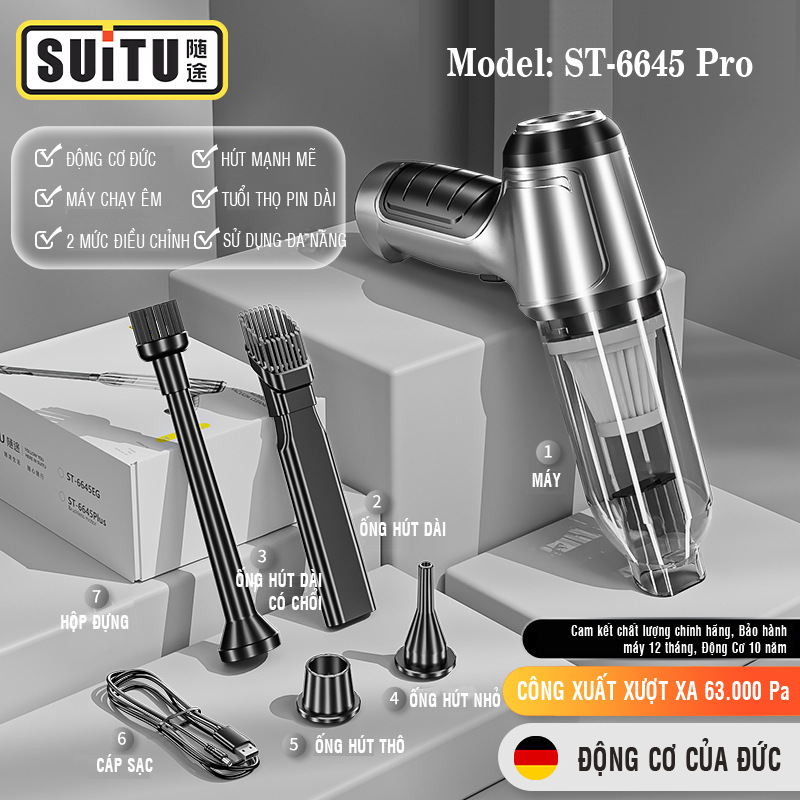 Máy hút bụi mini SUITU Pro. Động cơ không chổi than 63000 Pa lực hút, thổi bụi siêu mạnh mẽ. Hàng chính hãng