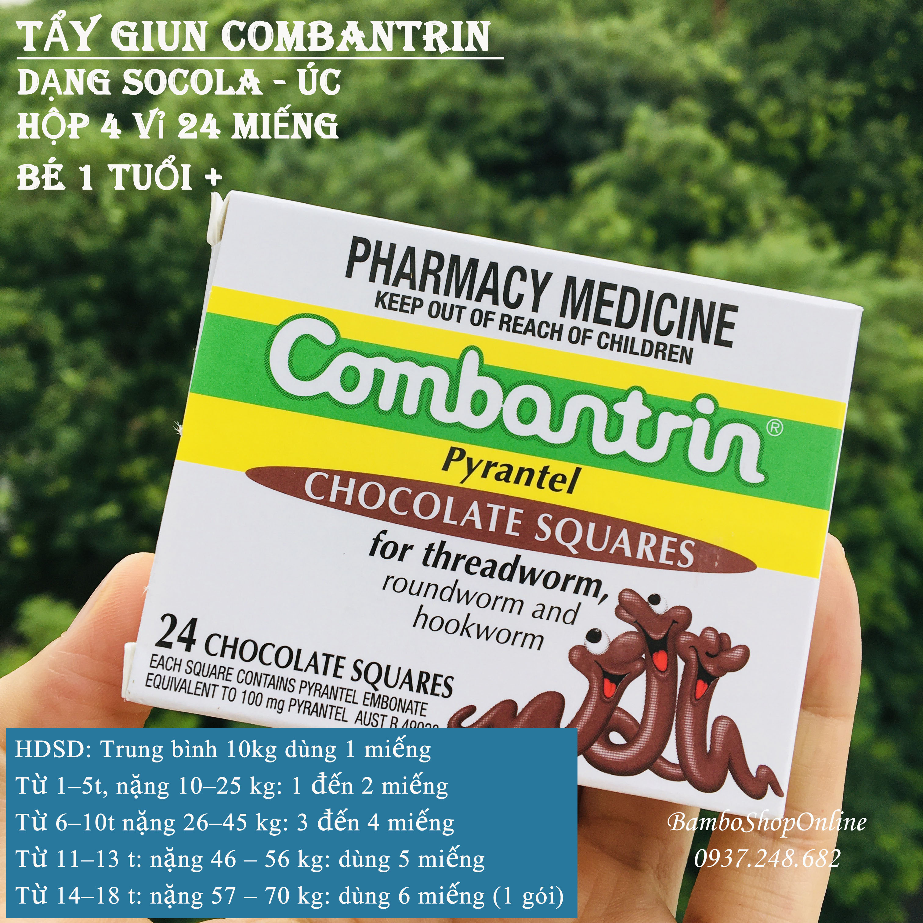 Tẩy giun Combantrin dạng Socola (cho bé trên 1 tuổi). 1 Túi 6 Thanh [Hàng nội địa Úc]