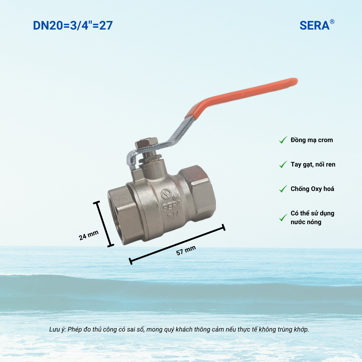 Van bi đồng sera phi 27 có thể chịu nước nóng nối ren trong 2 đầu