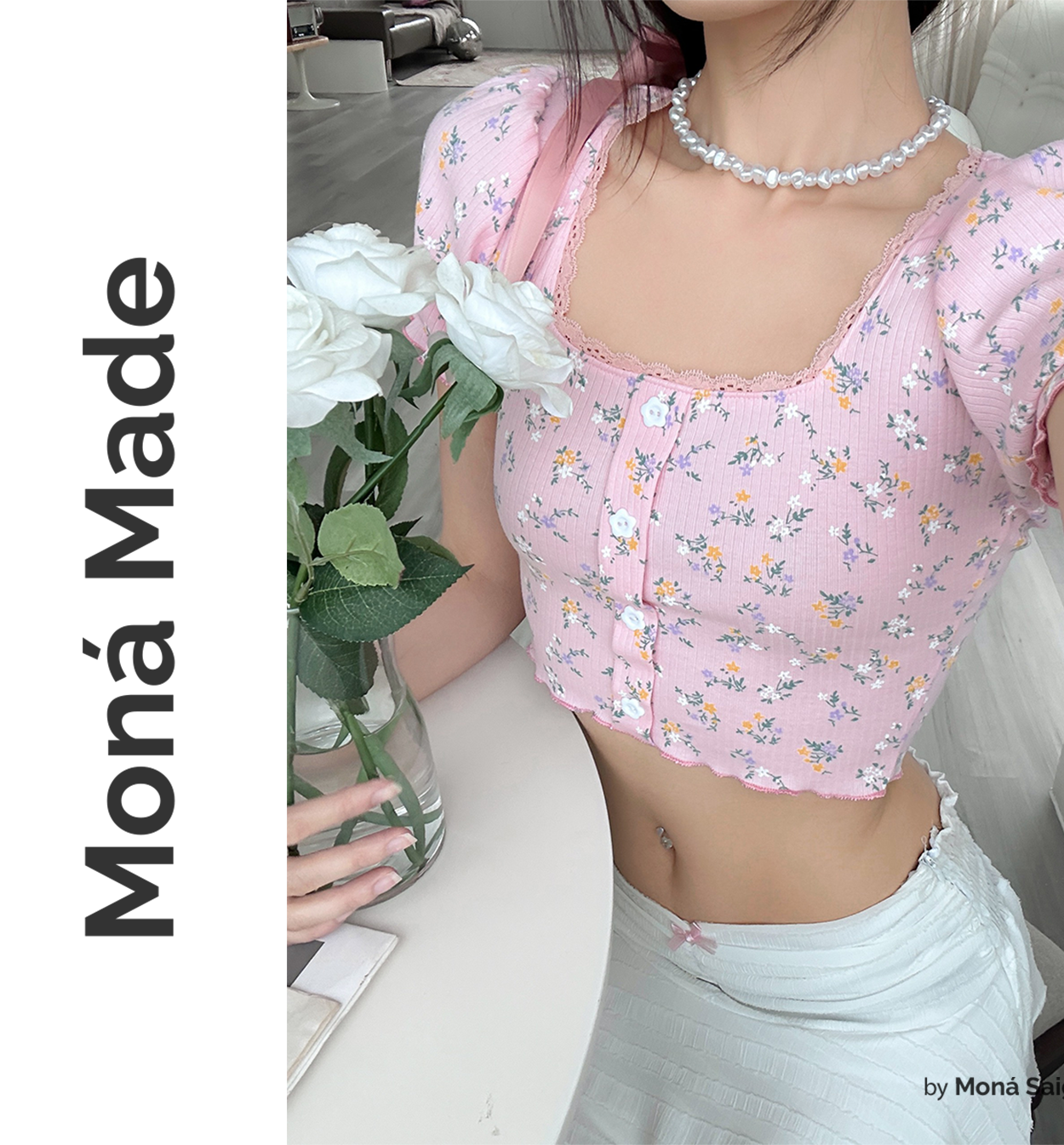 Áo thun croptop tay phồng hoa nhí gắn ren moná - lavie