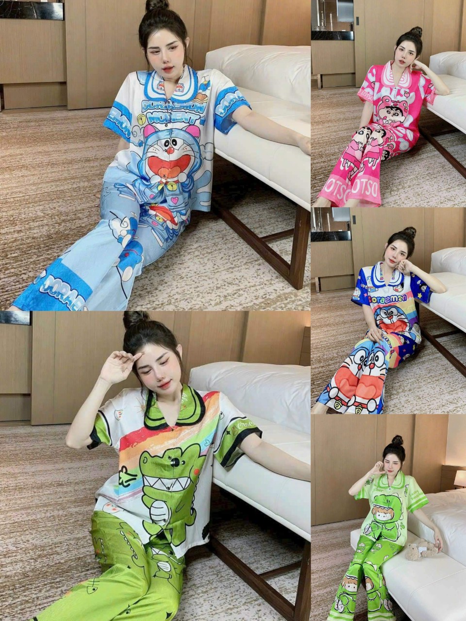 Pizama nữ lụa xước tơ tằm cổ sen mới freesize 40-60kg chất siêu đẹp