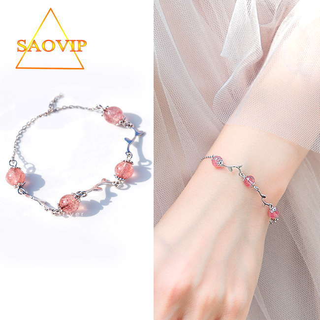 Lắc Tay Nữ Bạc 925 4 hạt đá dâu hồng cành lá phong cách hàn quốc xinh mẫu mới siêu hot - SAOVIP