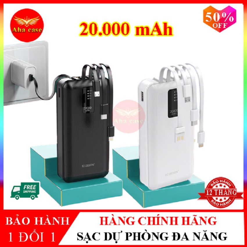 Pin Sạc Dự Phòng Hàng Chính Hãng SD Design G02  sạc nhanh Tích Hợp 4 Cáp Sạc Micro, Lingtning, TypeC, Usb Cho điện thoại Dung Lượng pin 20.000mAh, Bảo hành 12 tháng