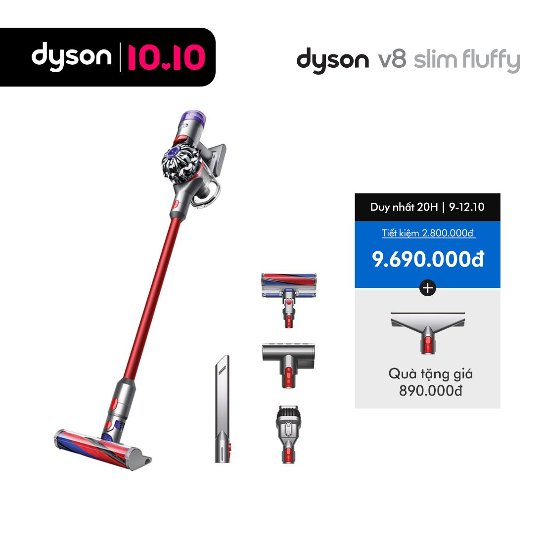 [CHỈ 10.10: Voucher 14% Tối đa 2 Triệu] Máy hút bụi không dây Dyson V8 Slim Fluffy