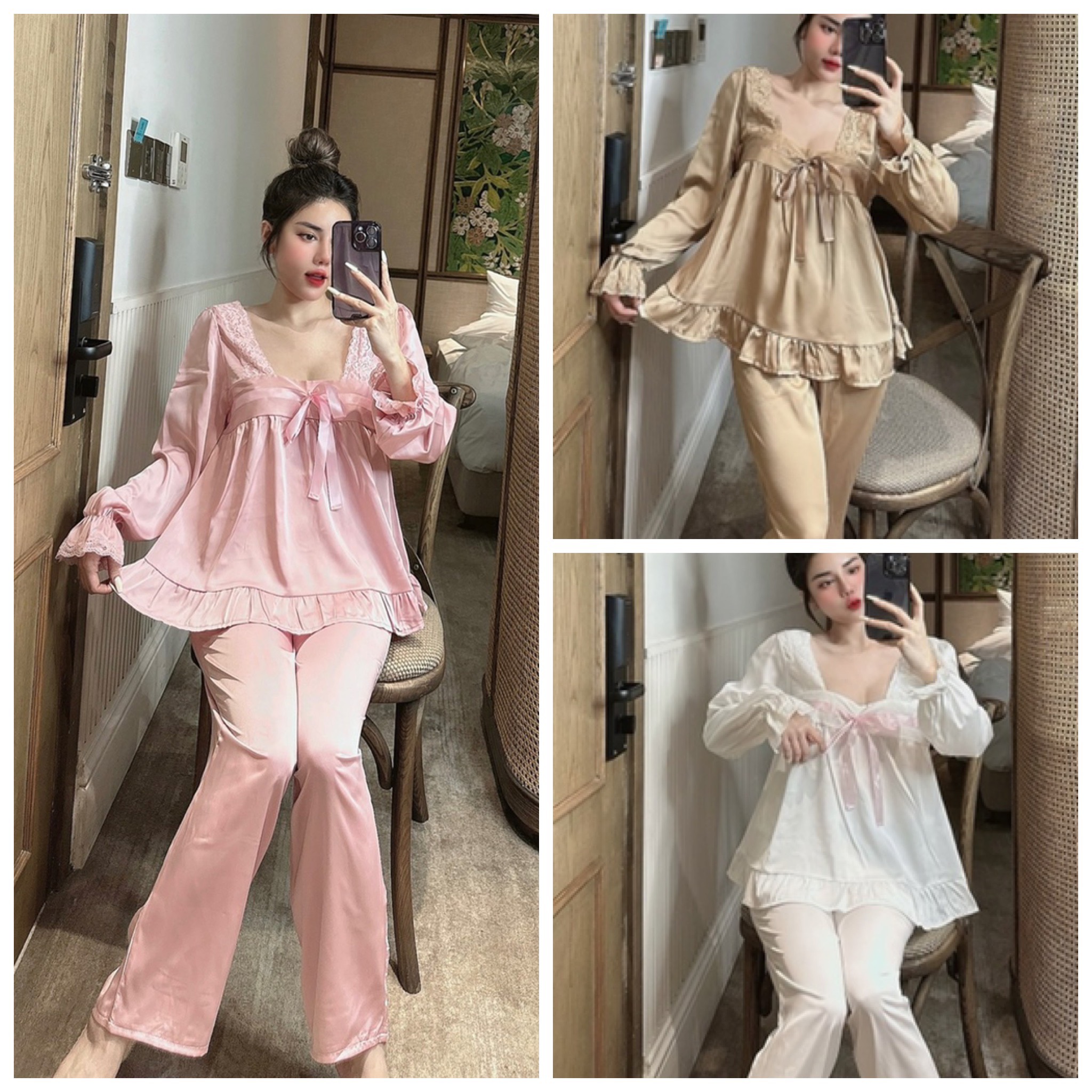 Đồ bộ mặc nhà tiểu thư cổ dây nơ siêu xinh- chất liệu lụa latin mềm mịn