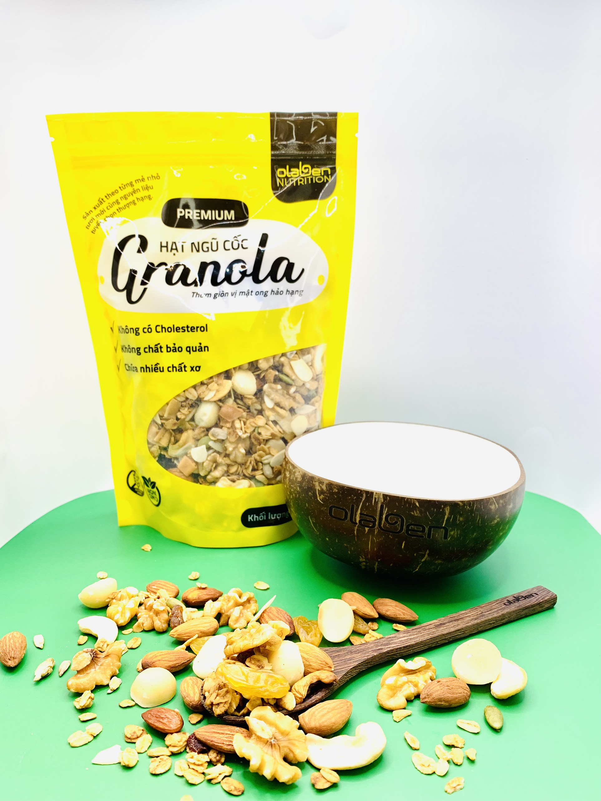 Olaben Nutrition combo 1 túi granola 500g+ 1 bộ chén muỗng gáo dừa