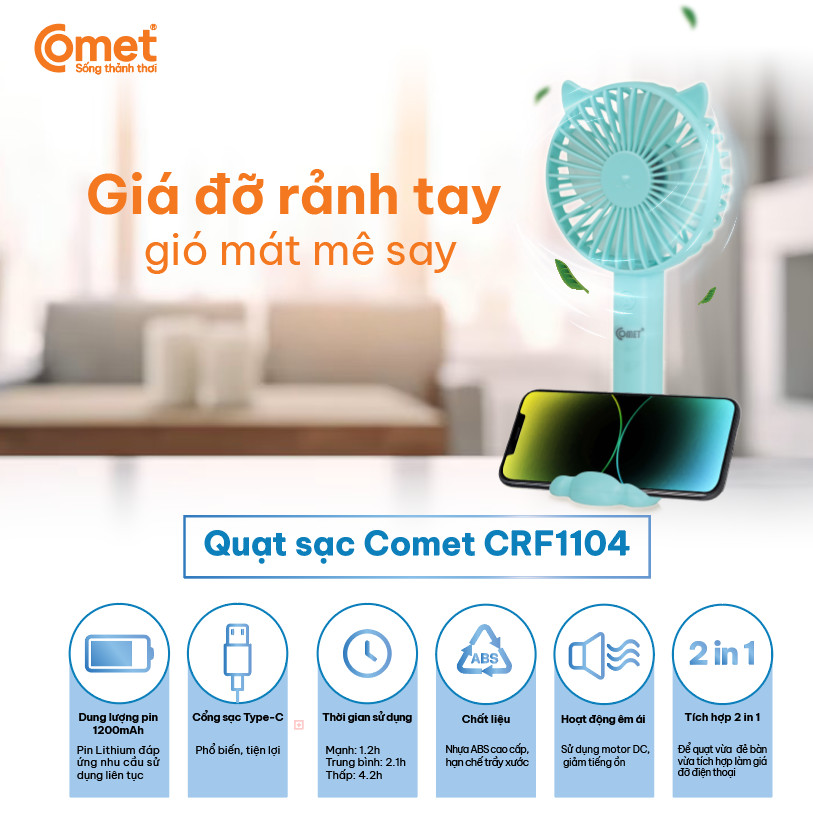 Có hỏa tốc - quạt sạc cầm tay comet crf1104 công suất 3w, pin 1200mah