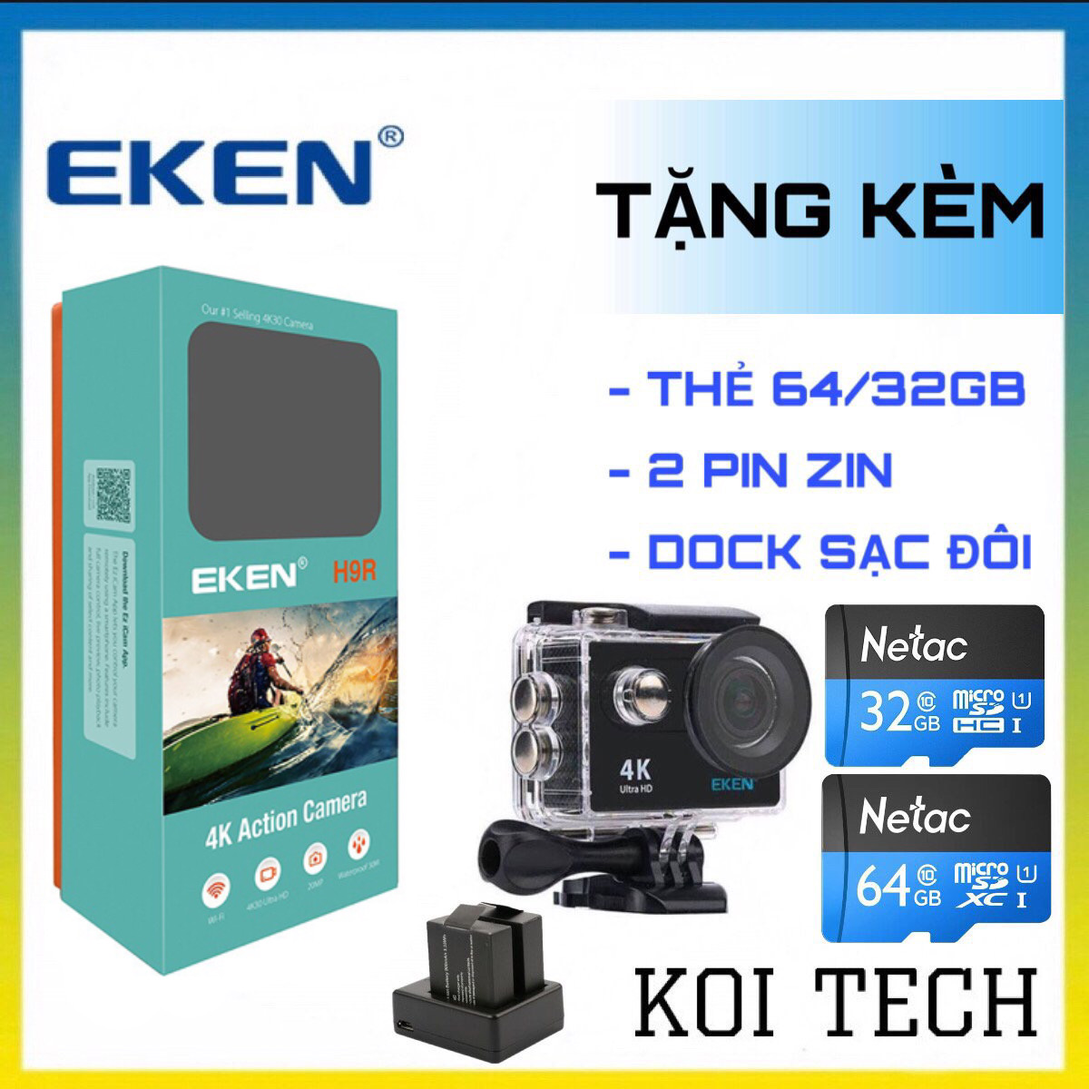 [TẶNG THẺ NHỚ 64GB] Camera 4k Eken H9r bản mới V8 nâng cấp 20MP Tặng 1 pin và 1 dock sạc đôi - camera wifi ip xe máy oto phượt chống nước chống sốc chống rung - KOI TECH