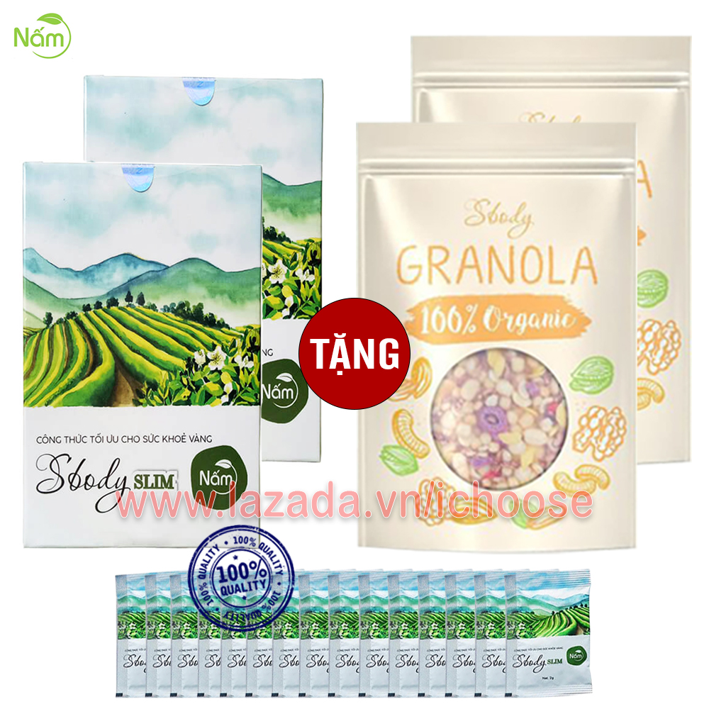 2 hộp Trà Giảm Cân Nấm Sbody Slim Dạng Viên Tặng Granola