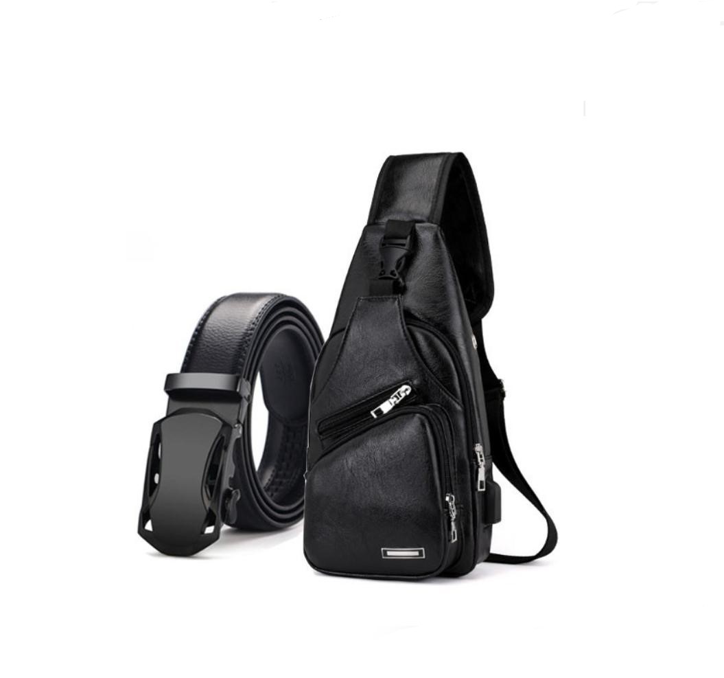 Combo túi da đeo chéo dc194 thắt lưng da nam mtp02 đen