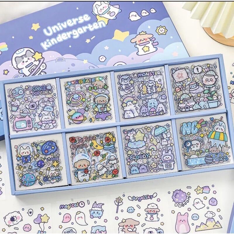 Sticker hộp 200 tấm hình dán dễ thương Universe Kindergarten - Hộp 100 tấm sticker kute, sticker giá rẻ - Phân loại 50 tấm. 100 tấm, 200 tấm sticker