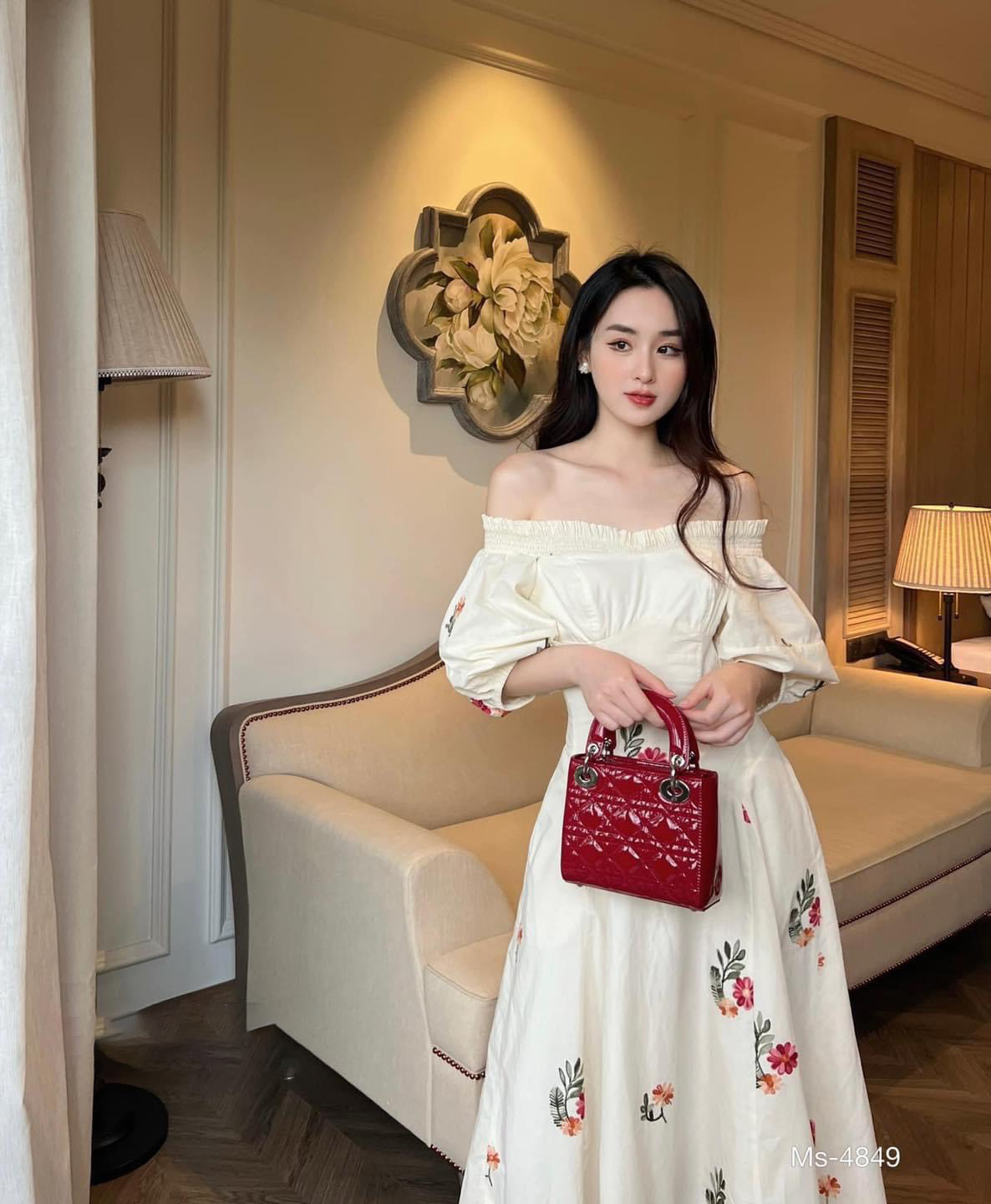 Đầm midi thêu hoa trễ vai cao cấp Rossy Fashion - SR235