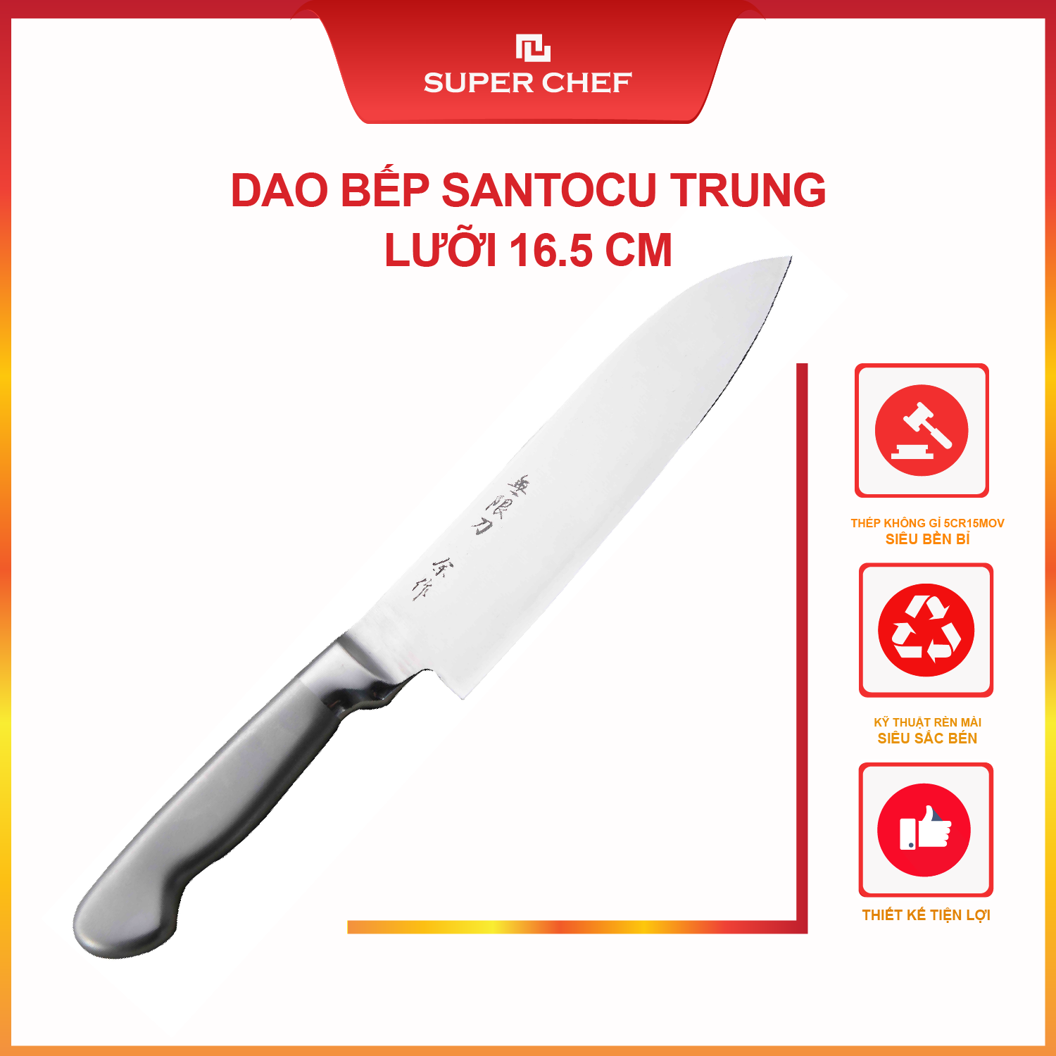 Dao bếp santoku nhật super chef cán thép, lưỡi 16.5cm siêu bén dao_k