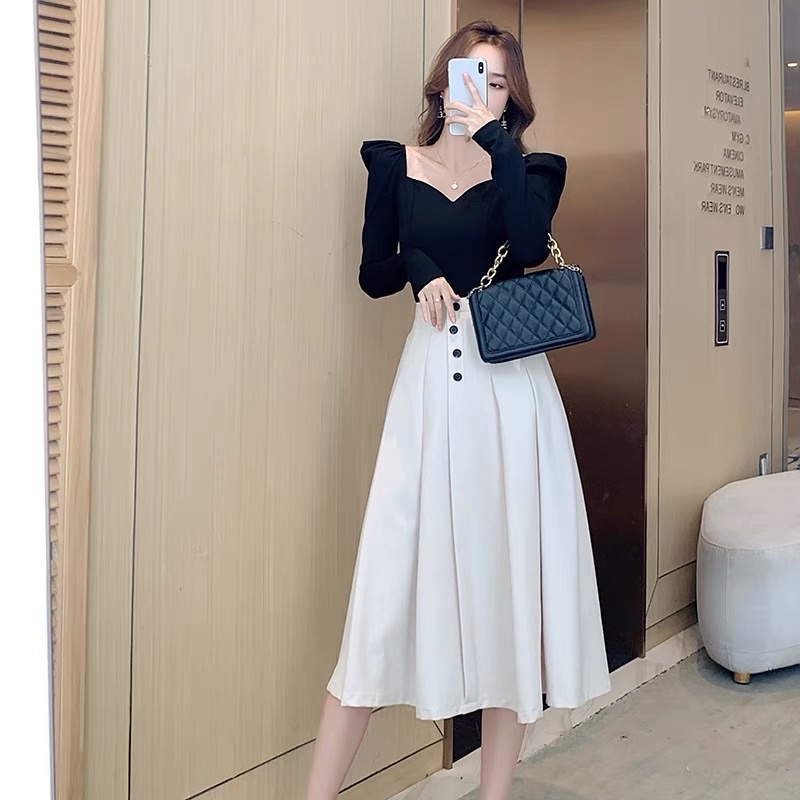 Set áo len đen mix chân váy be dáng dài có ảnh thật kèm video