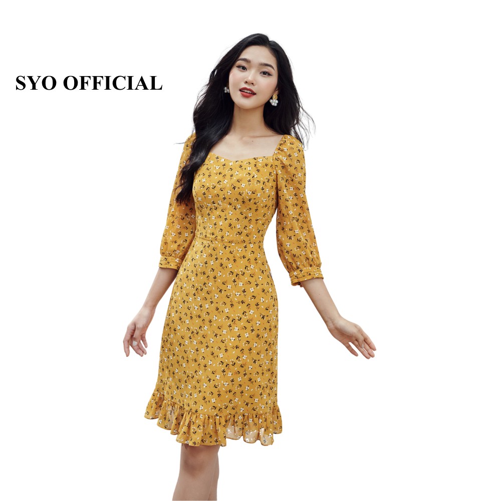 Váy hoa chiffon cổ tim tay lỡ d4002-21
