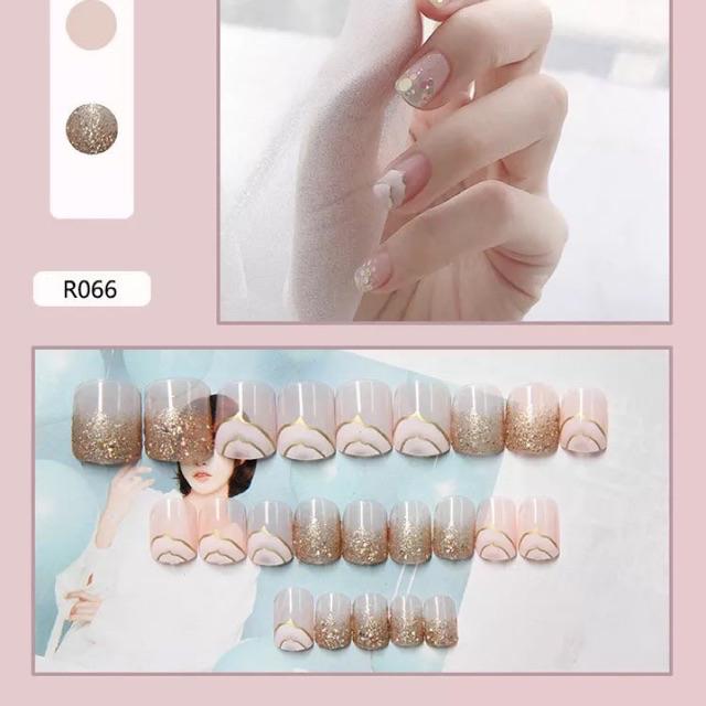 Móng Tay Giả có Keo Sẵn LCR066 Hồng, Nhũ vàng Cute - 24 miếng móng giả kèm keo dùng nhiều lần