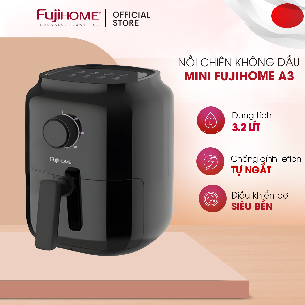 Nồi chiên không dầu 3.2L Nhập Khẩu Fujihome tự ngắt, Nồi chiên ko dầu cơ tự ngắt 3.2 lít chống dính cao cấp