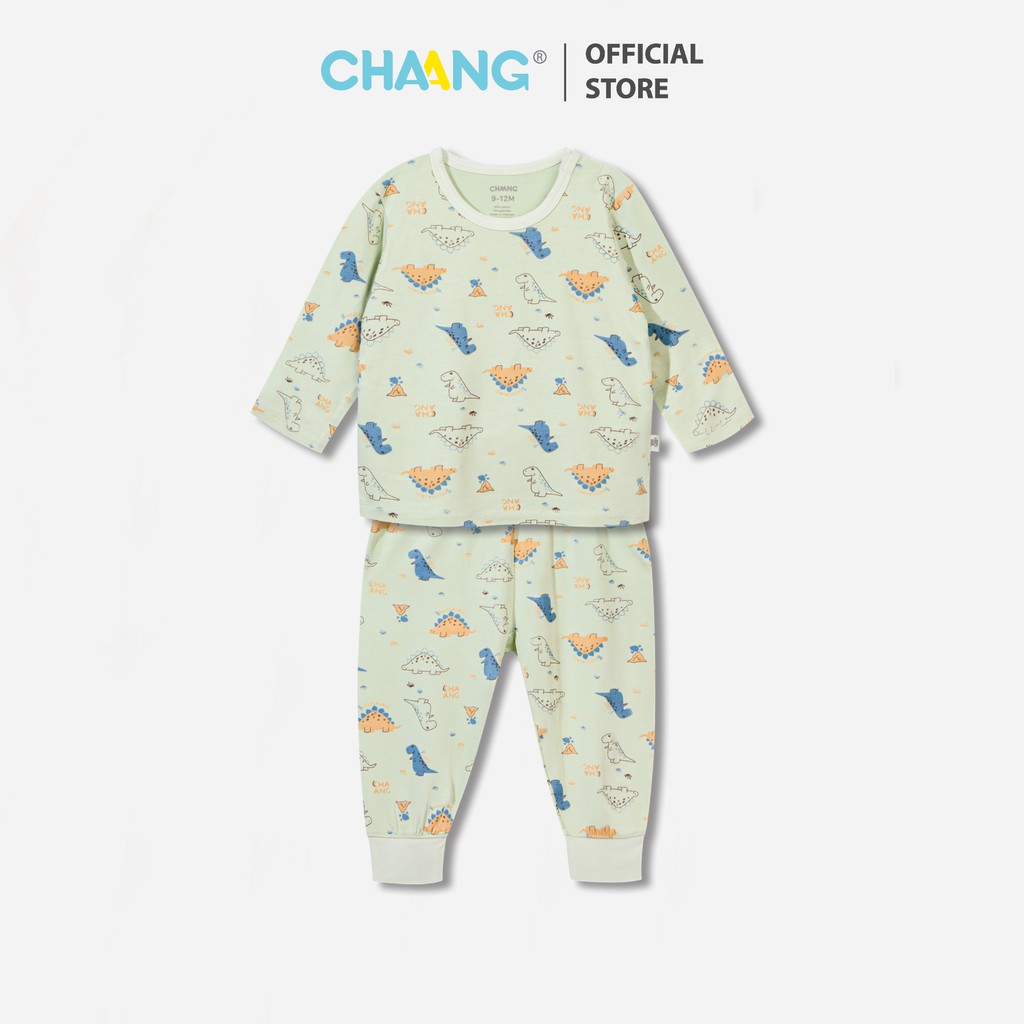 Bộ quần áo dài cúc vai bé trai Dino in tràn xanh Chaang