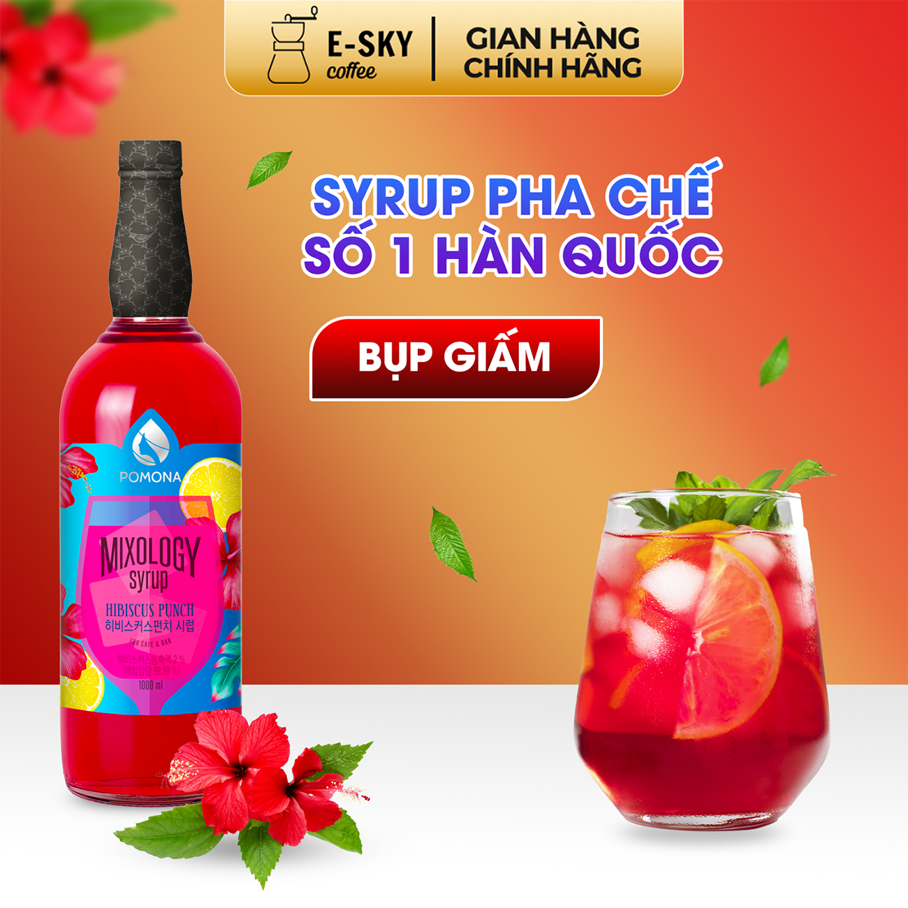 Siro Bụp Giấm Pomona Hibiscus Syrup Nguyên Liệu Pha Chế Hàn Quốc Chai Thủy Tinh 1 lít