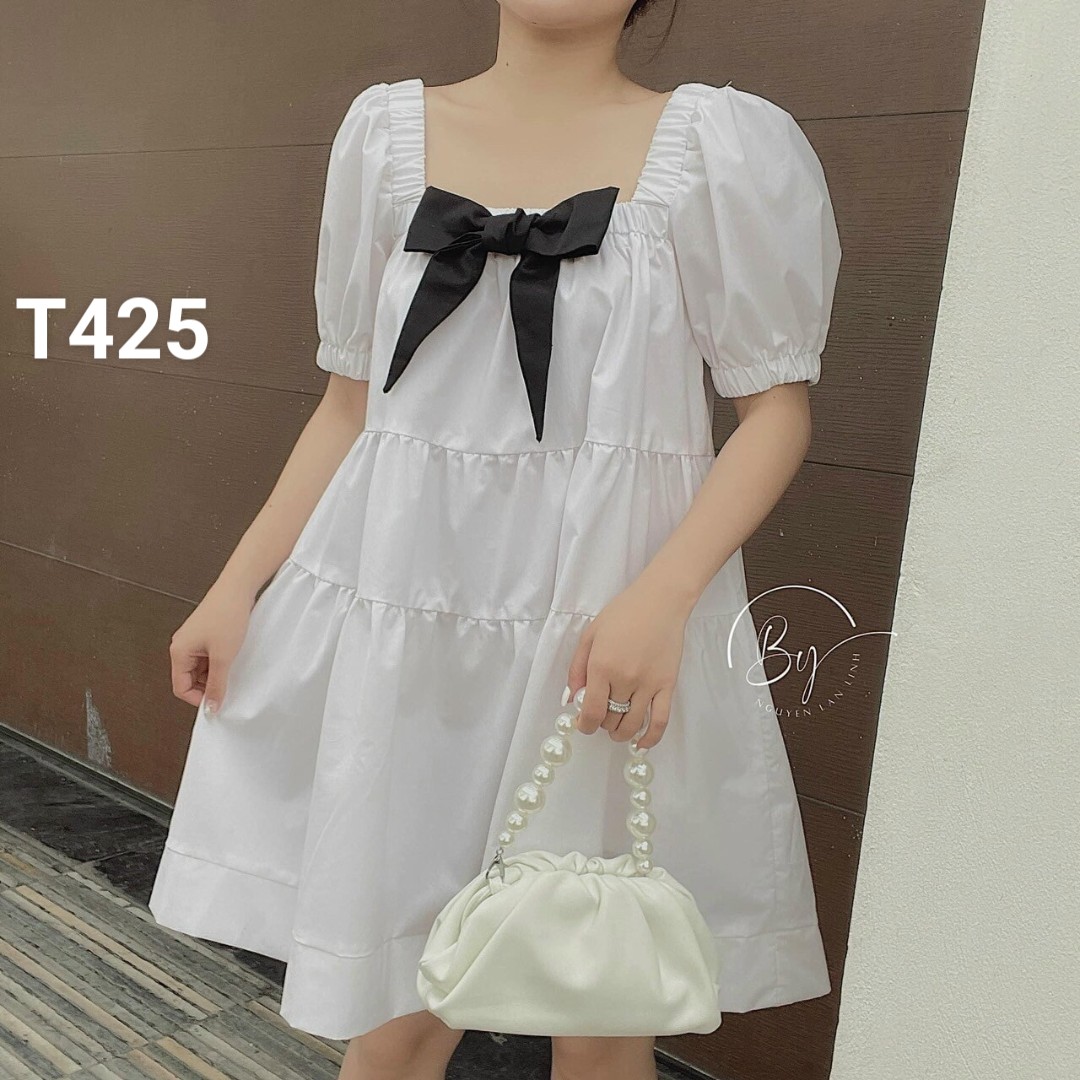 Đầm baby doll kèm nơ lụa cao cấp, đầm xoè nữ T425