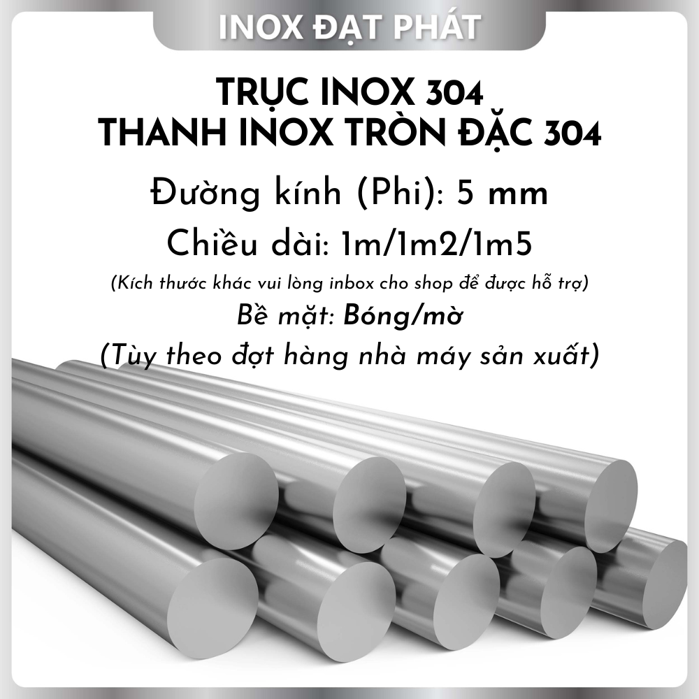Trục inox đặc 304/ thanh inox tròn đặc 304 phi 5.0 / 5 ly, chiều dài 1m/1m2/1m5