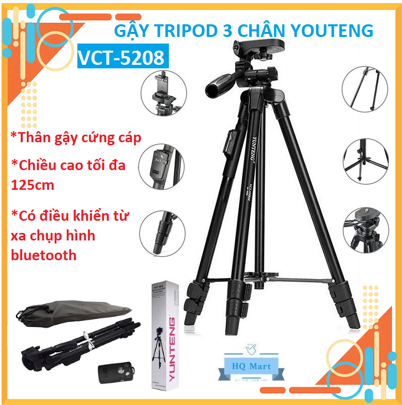 Gậy chụp hình, quay phim, quay tiktok tripod 3 chân YUNTENG VCT-5208. Gậy chụp ảnh YUNTENG chính hãng, có điều khiển chụp ảnh từ xa, chiều cao tối đa 125cm