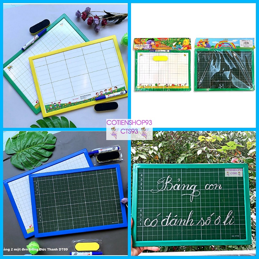 Bảng học sinh 2 mặt Đức Thanh ĐT-09, chống loá, kèm bút, bông lau, bảng có đánh số ô li, đường kẻ rõ nét