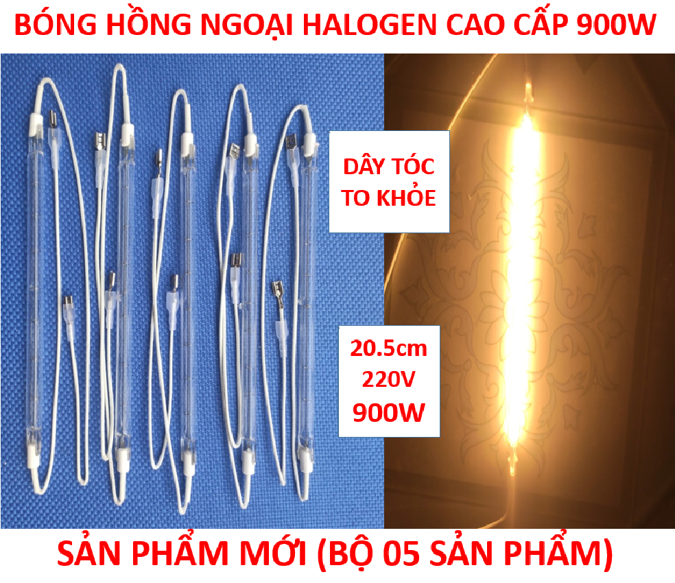 5 Bóng bếp hồng ngoại, Bóng sưởi, Bóng sấy (HALOGEN DÂY TÓC TO KHỎE) cao cấp ( 20,5cm - 220V - 900W ) + BH 6 tháng + ( bộ 05 sản phẩm )
