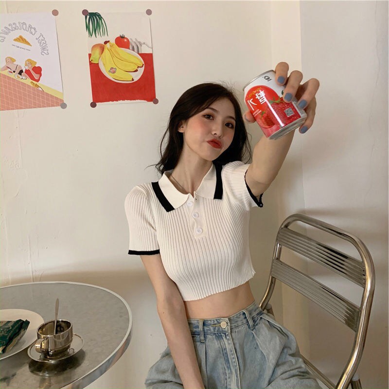 Áo crotop hot trend hàn quốc cổ bẻ phối hai màu xinh xắn ttkxa0043
