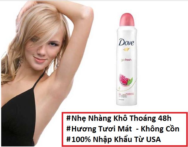 [HCM]Xịt Khử Mùi Dove Go Fresh hương lựu giúp các bạn gái luôn tự tin khi xuống phố. Nhờ công thức đột phá từ Dove Xịt Khử Mùi Dove giúp vùng da dưới cánh tay của bạn luôn khô thoáng