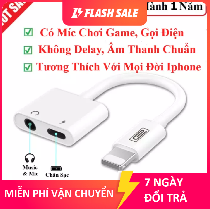 Cáp chuyển đổi lightning sang 2 cổng sạc lightning + tai nghe jack 3.5mm cho Iphone 6/6p/7/7p/8/8P/X