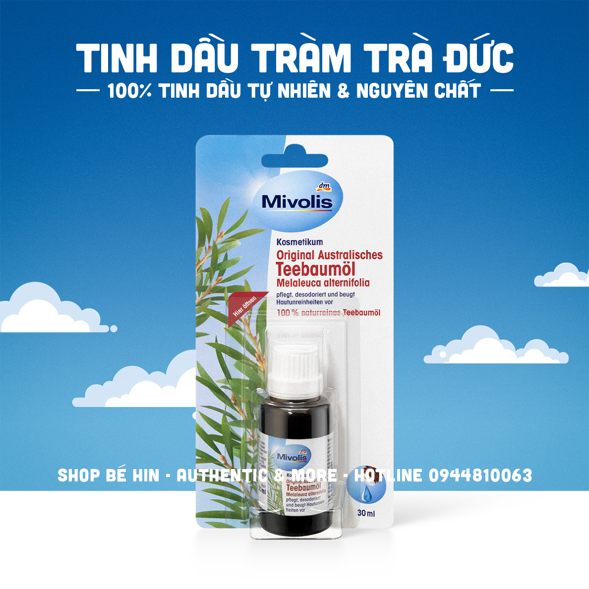 Tinh dầu tràm trà Mivolis, 30ml, dưỡng da, đánh bay mụn và nhiều công dụng khác, hàng nội địa Đức