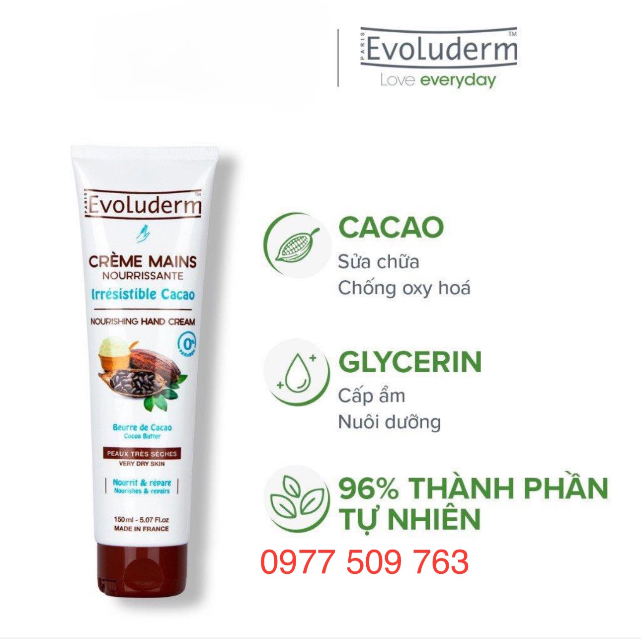 Kem Dưỡng Mềm mịn Ẩm Da Tay Evoluderm Chiết Xuất Từ Bơ Hạt Cacao 150ml - Pháp