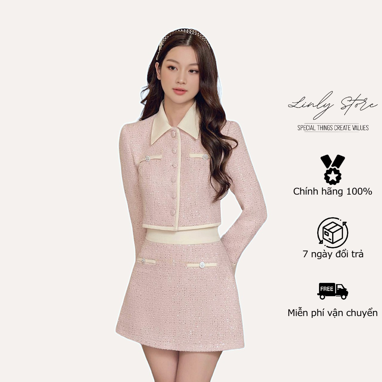 Set áo vest tay dài form blazer kèm chân váy dạ tweed Linly Store