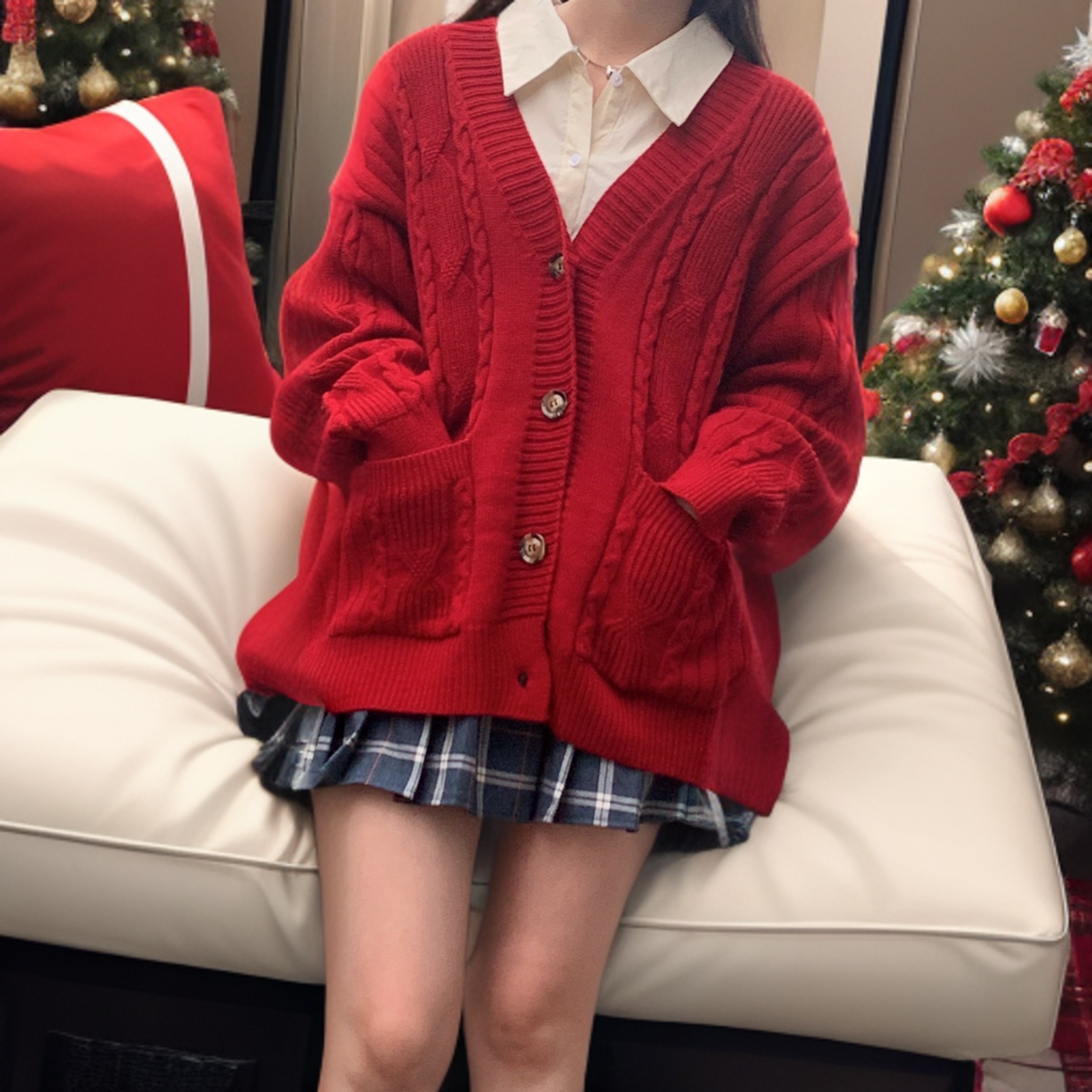 Áo khoác cardigan len thừng túi trước oversize