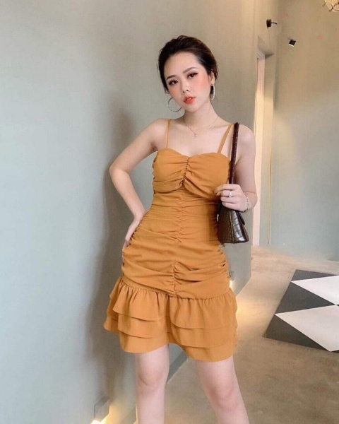 Đầm nữ xòe dự tiệc 2 dây thời trang TDD chất liệu Chéo Lụa, thiết kế nhún bèo onesize từ 40-58kg ( có Mút Ngực ).