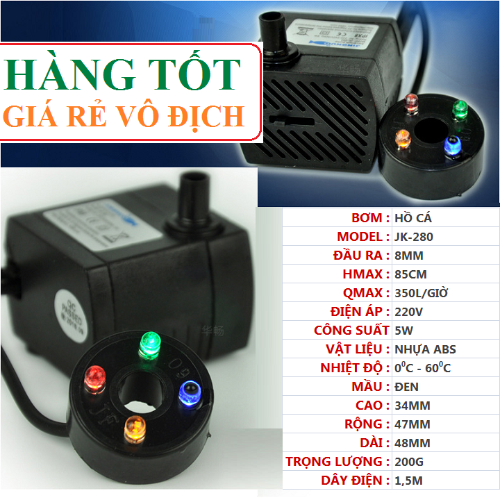 Bơm chìm hồ cá 5w, 5w+đèn LED, 12v-4w