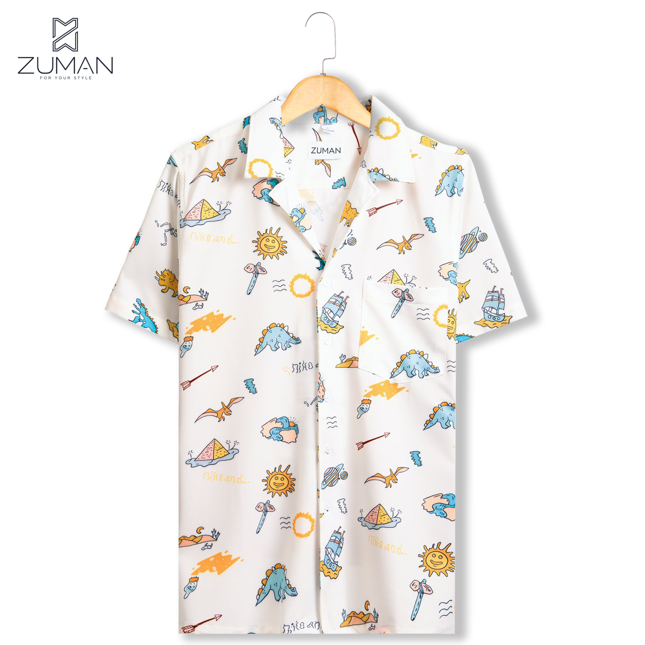 Áo sơ mi nam ngắn tay vải lụa thiết kế hoạ tiết hoạt hình vui nhộn - ZUMAN - ASM14