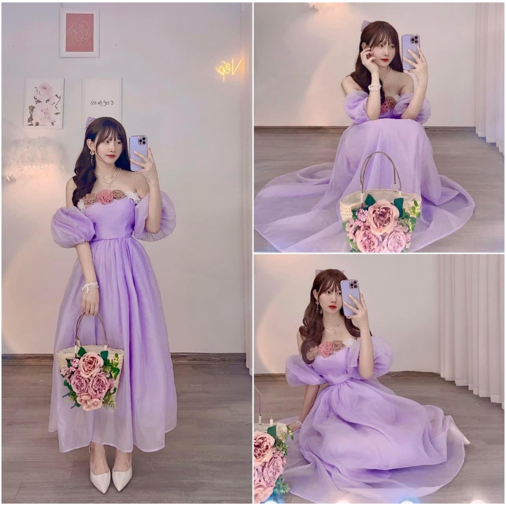 Đầm maxi đính hoa ngực 4 màu trễ vai 2023 - Maxingoclan