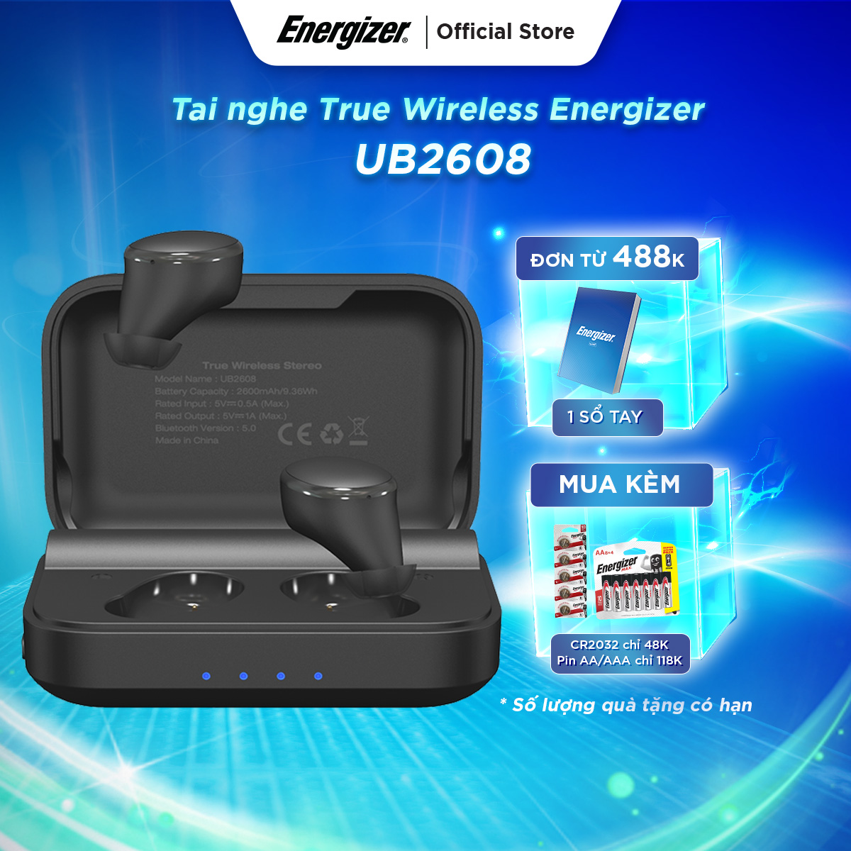 Tai nghe bluetooth v5.0 true wireless energizer ub2608 tích hợp sạc dự phòng 2600mah, chống thấm nước ipx4 - hàng chính hãng, bảo hành 1 năm 1 đổi 1