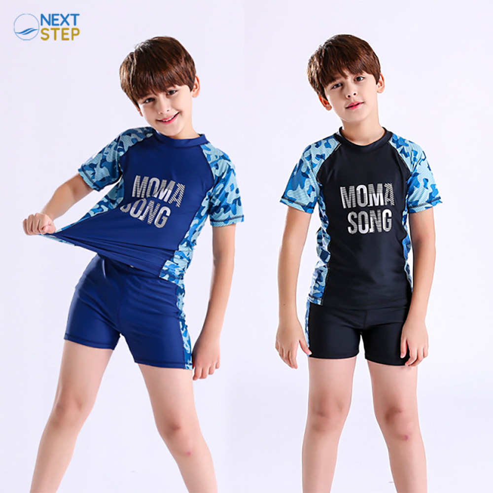 Đồ bơi cho bé trai hiệu Moma Song chất vải dày dặn co dãn 4 chiều mềm mại size lớn đến 55kg kèm nón bơi