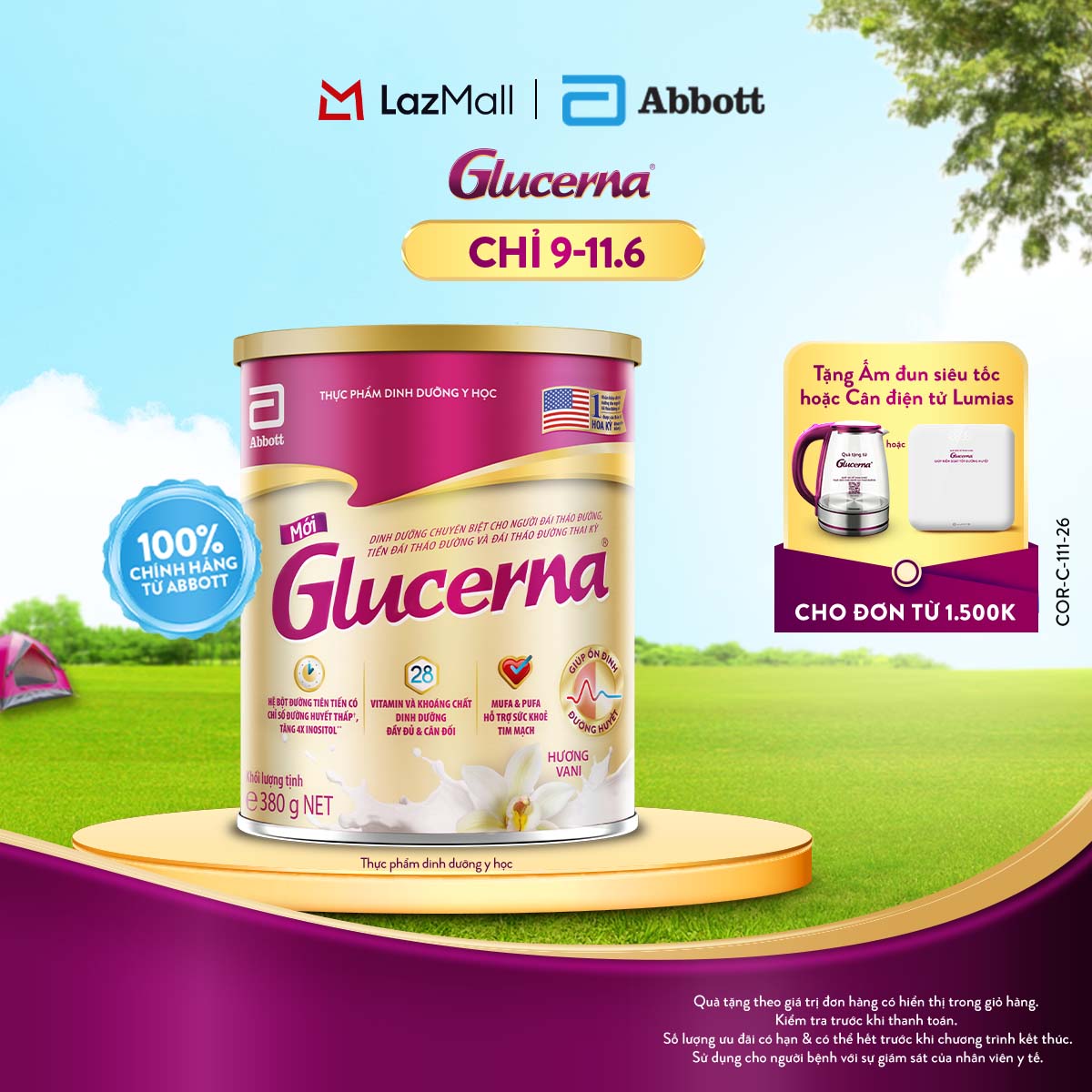[CHỈ 09-11.06 QUÀ TẶNG CHO ĐH 1500K-SLCH] Sữa bột Glucerna hương vani 380g