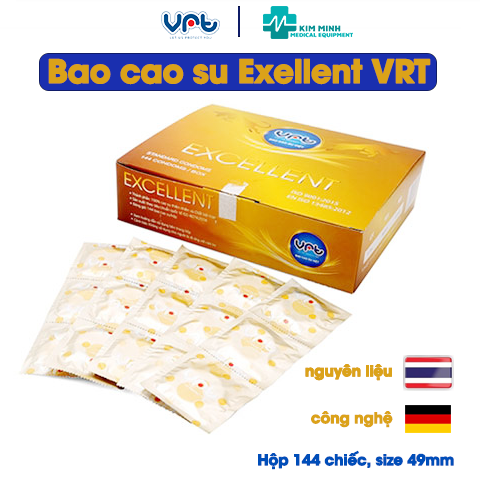 Bao Cao Su VRT Excellent Cao Cấp Size 49mm Hộp 144 Chiếc - An Toàn, Mỏng, Dài, Chất Lượng