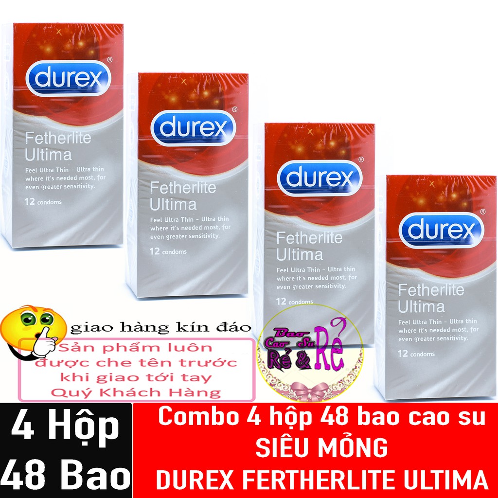 Combo 4 hộp 48 cái bao cao su siêu mỏng durex fetherlite ultima