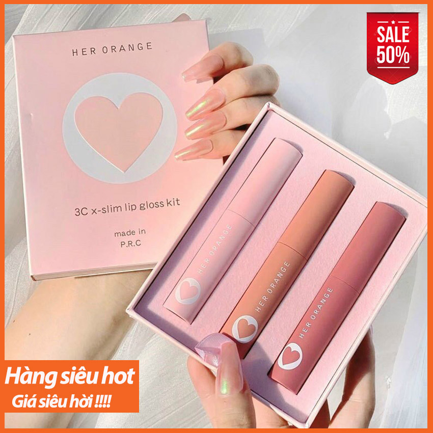 Set 3 son kem lì her orange, một set có 3 cây son , chất son đẹp, mịn lì , son siêu lì, bền màu, lâu trôi, lên màu đẹp.