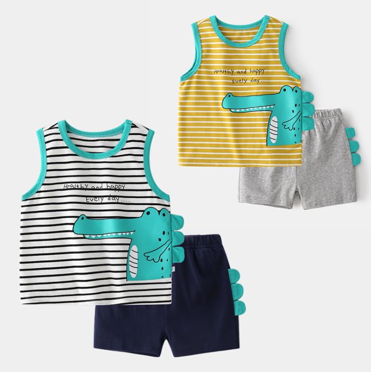 Bộ ba lỗ kẻ phiên bản cá sấu chất cotton đũi qate721 cho bé