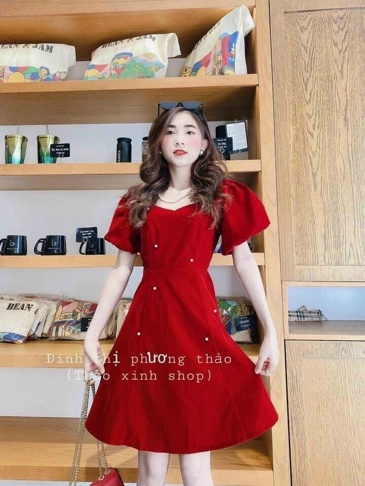 Đầm umi đỏ tay bồng đính cườm có mút xinh xắn